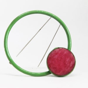 Bold statement brooch, Modernist Statement Brooch Pin, Handmade rhodochrosite jewelry, Big green circle art brooch, Wacky jewelry, Frog Pin image 1