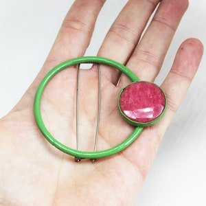 Bold statement brooch, Modernist Statement Brooch Pin, Handmade rhodochrosite jewelry, Big green circle art brooch, Wacky jewelry, Frog Pin image 2