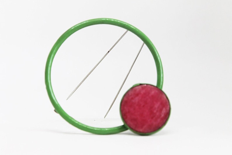 Bold statement brooch, Modernist Statement Brooch Pin, Handmade rhodochrosite jewelry, Big green circle art brooch, Wacky jewelry, Frog Pin image 1