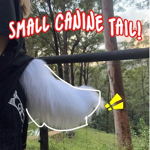 May include: A fluffy white canine tail accessory featuring long synthetic fur. The image includes the red text SMALL CANINE TAIL! at the top and a yellow graphic icon on the right side, with a white outline drawn around the tail shape.