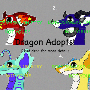 Può includere: Quattro design di draghi da adottare sono mostrati su uno sfondo grigio. Il testo "Dragon Adopts!" è al centro, con "Read desc for more details" sotto. Ogni drago ha una combinazione di colori e un design unici.