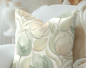 Watercolor Floral Pillow Cover, Sage Green Beige Tulips