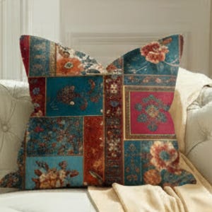 Floral Patchwork Pillow Cover, Red Turquoise Boho Decor