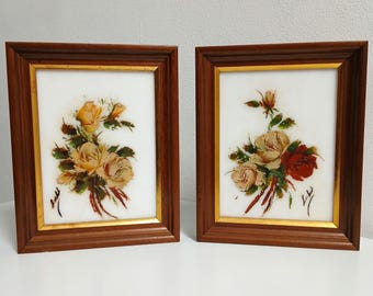Vintage Pair Floral Rose Oil on Acrylic Milk Glass Victorian Style Botanical Framed Pictures Wall Art