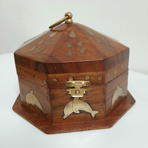 Vintage Dolphin Brass Inlay Wooden Trinket Octagonal Jewellery Box