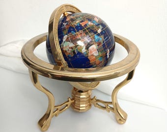 Vintage Gemstone World Globe Lapis Lazuli Brass Tripod Stand 8 Inch Rare Unique Decorative Home Desk Tabletop Display Gift for Him Her