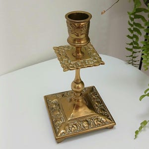 Victorian Ornate Gothic Square Single Brass Candlestick Candle Holder with faces,fleur-de-lis and foliage