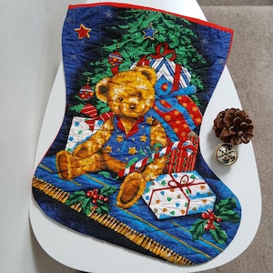 Vintage Teddy Bear Print Lightly Quilted Large Fabric Christmas Stocking Festive Decor Children's Toy Storage Nostalgic Gift