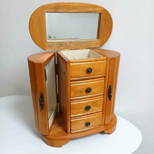Vintage Large Light Wood Brass Jewellery Chest Cabinet Box with Drawers and Mirror Bevelled Curved Edge Gift for Her