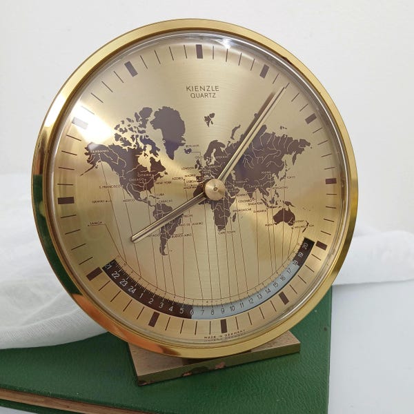 Vintage 1970s Kienzle Quartz World Time Desk Clock - Mid-Century Modern Brass German Table Clock - Non-Working / For Display Parts or Repair
