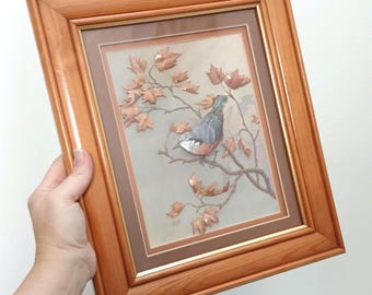 Vintage Nuthatch Decoupage Framed Picture Bird Berries Woodland Tree Handmade Professionally Framed 3D Picture Wall Art Autumn Styling