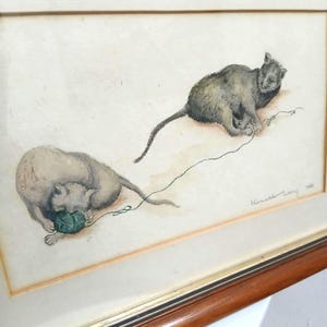 Vintage Original Watercolour Playful Grey Black Cats Painting Artist Signed Kenneth Loong 1984 Wooden Framed Wall Art Display Decor