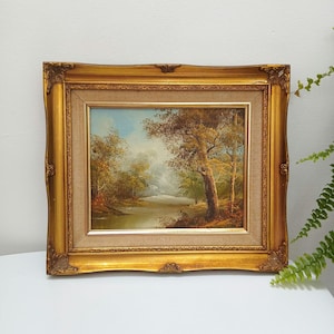 Original Landscape Oil Painting Ornate Framed Artist Signed J Williams Wall Art Vintage Autumn Scene Mid Century Golden Linen Mount Canvas