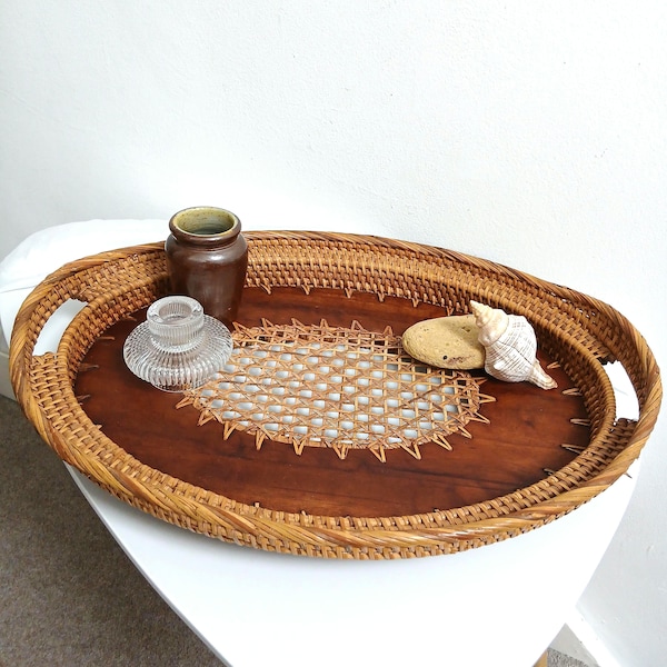Vintage Handmade Rattan and Wood Serving Tray with Handles Boho Chic Natural Warm Styling Display Decor