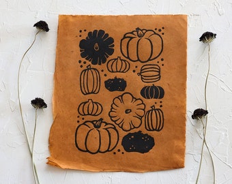 Pumpkin art print Pumpkins Hand printed Retro pumpkin prints Fall prints Fall art Burnt orange Linoleum block Print 8x10 in Unframed