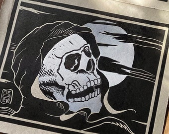 Grim reaper Skull Shrouded skull Block Print 9 x 11 in Unframed Grey paper Hand printed Lino block print Goth wall art Dark art Skull art