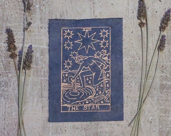 Tarot art print Tarot print Witchy art Folk art Details Hand printed Linoleum block Print 5x7 in Unframed Self love Star card Tarot cards