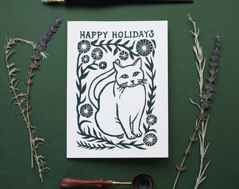 Cat card Holiday card Holiday cat card Hand printed cards Linoleum block Print 5x7 in Happy holiday card for cat lover Holiday card for cat