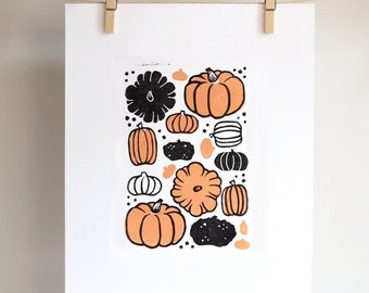 Pumpkins Hand printed Linoleum block Print 11 x 14 in Unframed