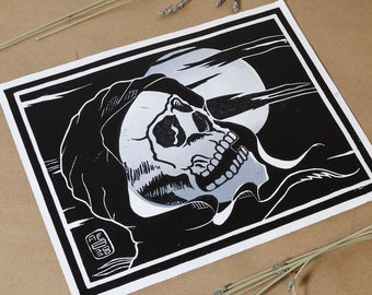 Skull with Shroud Grim Reaper Death card Tarot Hand printed Linoleum block Print 8X10 in Unframed Second