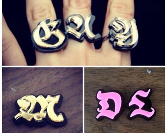 Black gold statement ring Font ring set Laser Cut Custom Ring Set Black rings Gold rings Modern rings Statement (four single finger rings