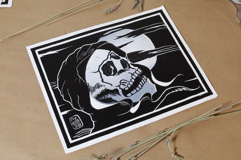 Skull with Shroud Grim Reaper Death card Tarot Hand printed Linoleum block Print 8X10 in Unframed Second