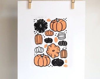 Pumpkins Hand printed Linoleum block Print 11 x 14 in Fall pumpkin Fall wall art Halloween art Retro halloween Vintage halloween Fall Second