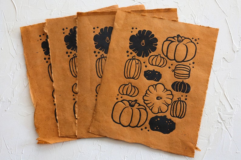 Pumpkin art print Pumpkins Hand printed Retro pumpkin prints Fall prints Fall art Burnt orange Linoleum block Print 8x10 in Unframed image 4