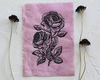 Rose print Witchy art Folk art Details Hand printed Linoleum block Print 5x7 in Unframed Vintage rose Victorian art Victorian Flower Pink