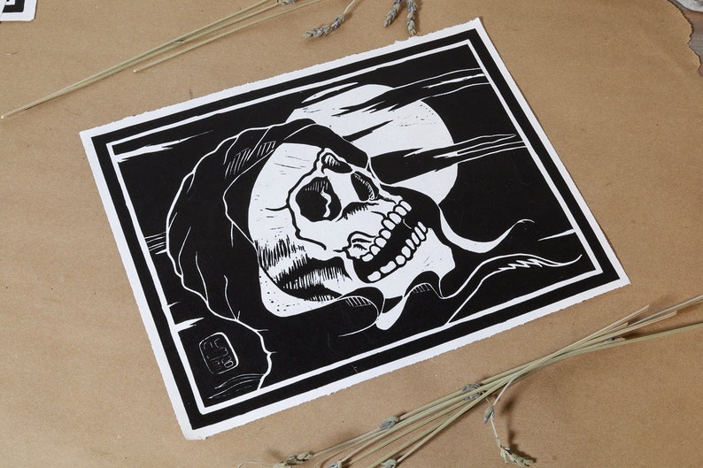 Skull with Shroud Grim Reaper Death card Tarot Hand printed Linoleum block Print 8X10 in Unframed Second