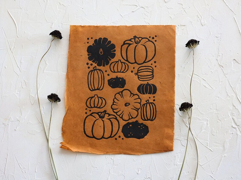 Pumpkin art print Pumpkins Hand printed Retro pumpkin prints Fall prints Fall art Burnt orange Linoleum block Print 8x10 in Unframed image 1
