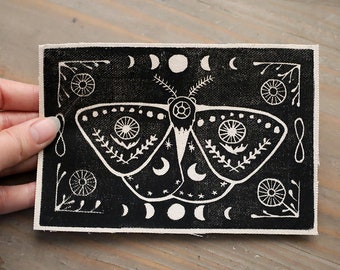 Canvas patch Hand Printed with moth Celestial Lino Block print Hand printed fabric Witchy Hand printed patches Witchy patches black