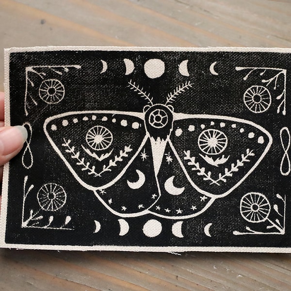 Canvas patch Hand Printed with moth Celestial Lino Block print Hand printed fabric Witchy Hand printed patches Witchy patches black