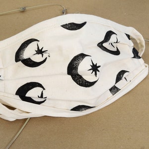 Cotton Mask Hand Printed with Moons Stars Natural Muslin Mask with ties Free shipping Celestial Lino Block print Hand printed fabric Witchy image 3