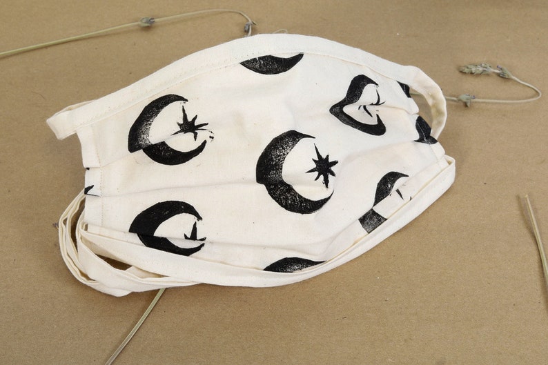 Cotton Mask Hand Printed with Moons Stars Natural Muslin Mask with ties Free shipping Celestial Lino Block print Hand printed fabric Witchy image 3