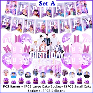Peut inclure: Un ensemble de décorations de fête d'anniversaire avec une bannière "HAPPY BIRTHDAY" et des images de personnes. L'ensemble comprend des ballons, des décorations de gâteaux et des petits gâteaux. Le code couleur est violet et blanc.