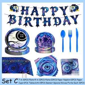 May include: A party supply set featuring a banner with the text HAPPY BIRTHDAY, plates with button and house graphics, blue plastic cutlery, a tablecloth with a swirling pattern, napkins, and cups. Text at the bottom reads Set C 7-in 10PCS Plate+9-in 10PCS Plate+20PCS Paper Napkin+10PCS Paper Cups+1PCS Tablecloth+15PCS Banner+Spoons/Knives/Forks Each 10PCS.