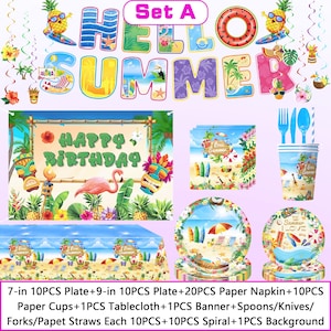May include: A colorful summer party supplies set. Includes plates, napkins, cups, a tablecloth, banner, cutlery, and straws. The set features a "Hello Summer" banner, a "Happy Birthday" banner, and tropical beach-themed designs.