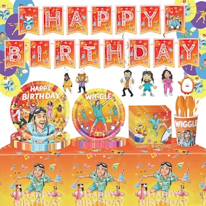 May include: A birthday party supply set featuring a Happy Birthday banner, paper plates, napkins, and a cup with musical graphics. The items display cartoon illustrations of people, musical instruments, and the text Happy Birthday and Wiggle.