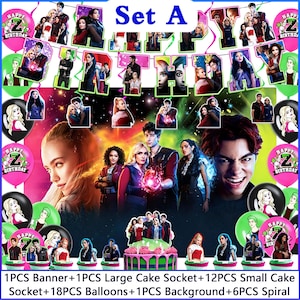 May include: A party decoration set featuring a banner, balloons, cake decorations, and a background. The set includes images of characters and the text "HAPPY Z BIRTHDAY". The color scheme includes pink, green, black, and white.