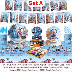 May include: A party supplies set featuring a banner that spells "BIRTHDAY", plates, cups, napkins, and a cake with character designs. The set includes blue and white color schemes, with images of cartoon characters. The text "HAPPY BIRTHDAY" is visible on the cups.