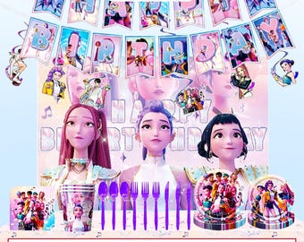 May include: Set A birthday party supplies featuring a banner that spells out "HAPPY BIRTHDAY". The set includes plates, cups, utensils, and decorations. The color scheme is primarily pink, purple, and blue, with cartoon character illustrations.