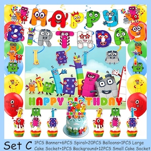 May include: A party decoration set featuring Numberblocks characters, including a Happy Birthday banner, a large backdrop, twenty balloons, and cake toppers. The set includes colorful character illustrations, numbers, and text.