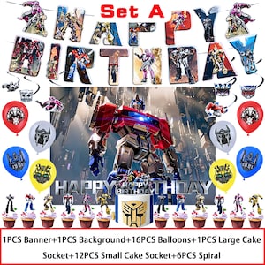 May include: A birthday party set with a banner spelling "HAPPY BIRTHDAY" with robot characters. Includes balloons in red, blue, and yellow, a large cake, and cupcakes with robot figurines. The set is robot-themed.