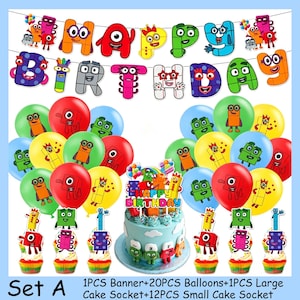 May include: A party decoration set featuring a Happy Birthday banner with colorful character-shaped letters, twenty assorted balloons with character prints, one large cake topper, and twelve small cupcake toppers with character designs.