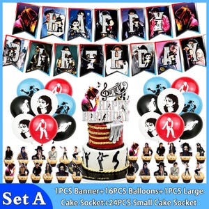 May include: A party decoration set featuring a Happy Birthday banner with Michael Jackson imagery, sixteen balloons in red, black, and blue, one large cake topper with musical notes, and twenty-four small cupcake toppers with various poses.