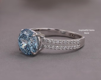 Blue Portuguese Cut Lab Grown Diamond Ring, Double Row Band, Solitaire Ring, Engagement Rings.