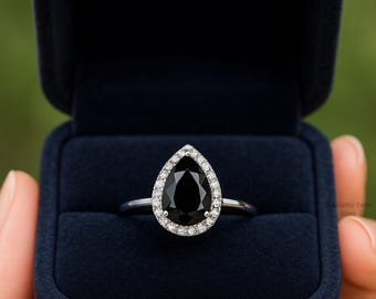 Pear Shape Black Lab Diamond Halo Ring, Rose Gold Engagement Ring