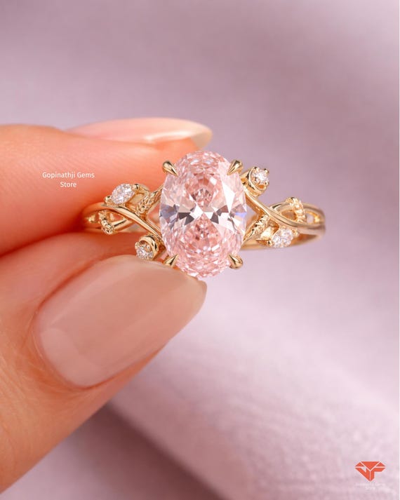 Pink Oval Lab Grown Diamond Engagement Ring | Floral Yellow Gold, IGI Certified | Anniversary gift