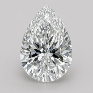 May include: A pear-shaped diamond with a brilliant cut, displaying numerous facets that reflect light. The colourless gemstone is set against a neutral background, highlighting its clarity and sparkle. Suitable for engagement rings or fine jewellery.